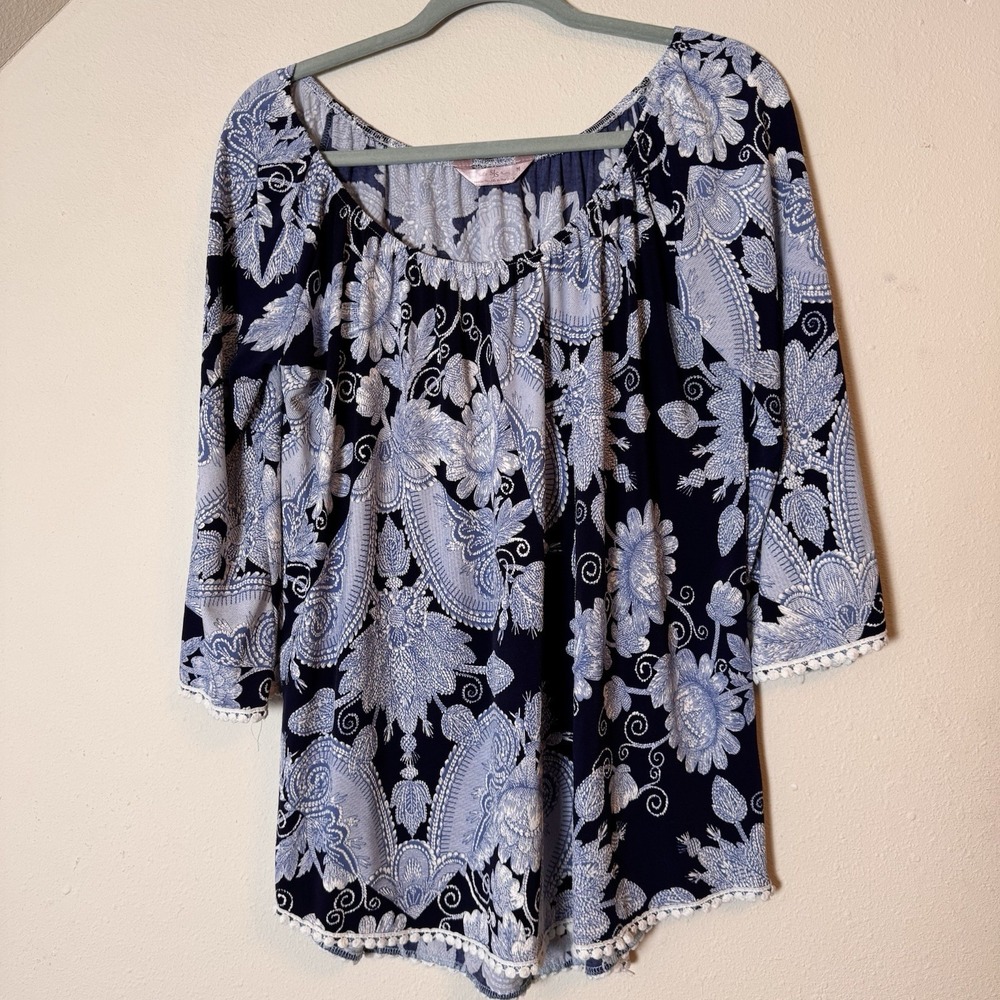 SJS Navy White Floral Paisley Peasant Top M Boho 3/4 Sleeve Pom Trim Made USA